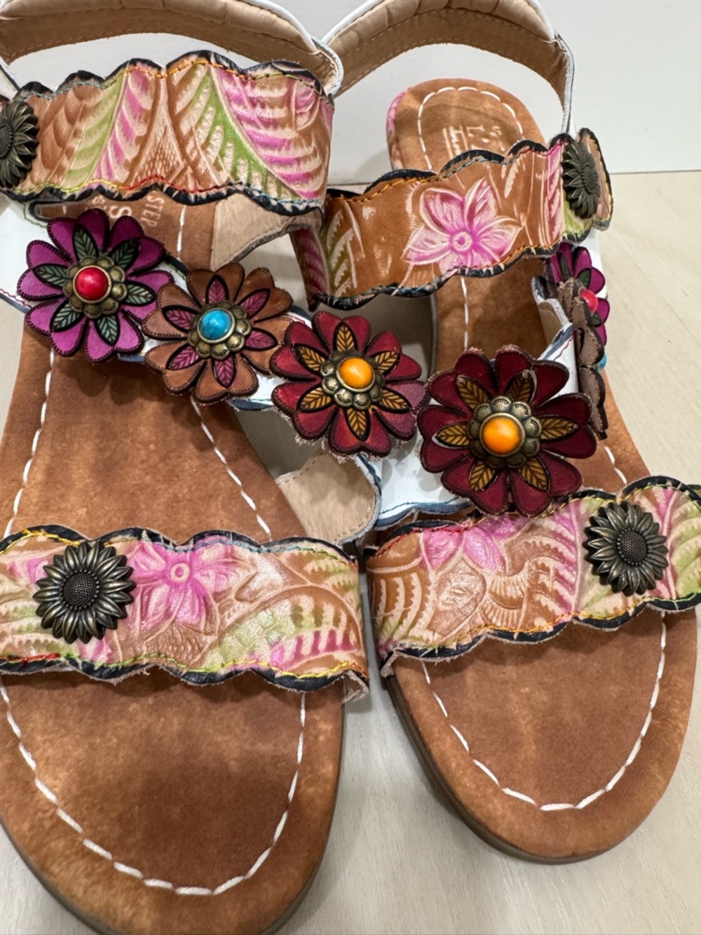 Spring Step White Multicolor Floral Leather Sandals - Picture 6 of 16